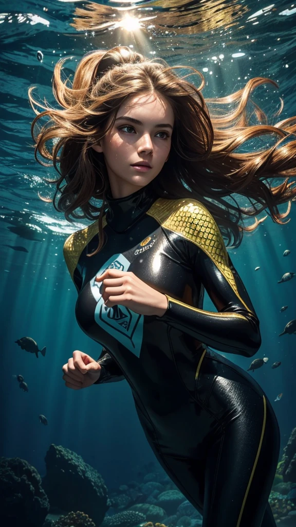 A full professional photo of a beautiful amphibian woman: 1.5, young, with model-like appearance, tall and slender, brunette with wavy hair:1.2, her skin covered with scales resembling a wetsuit: 1.3, underwater in crystal clear ocean water, sunlight rays penetrating through the water:1.4, her face is well-lit, creating a mysterious, enchanting atmosphere:1.5, with a golden glow illuminating her face and hair