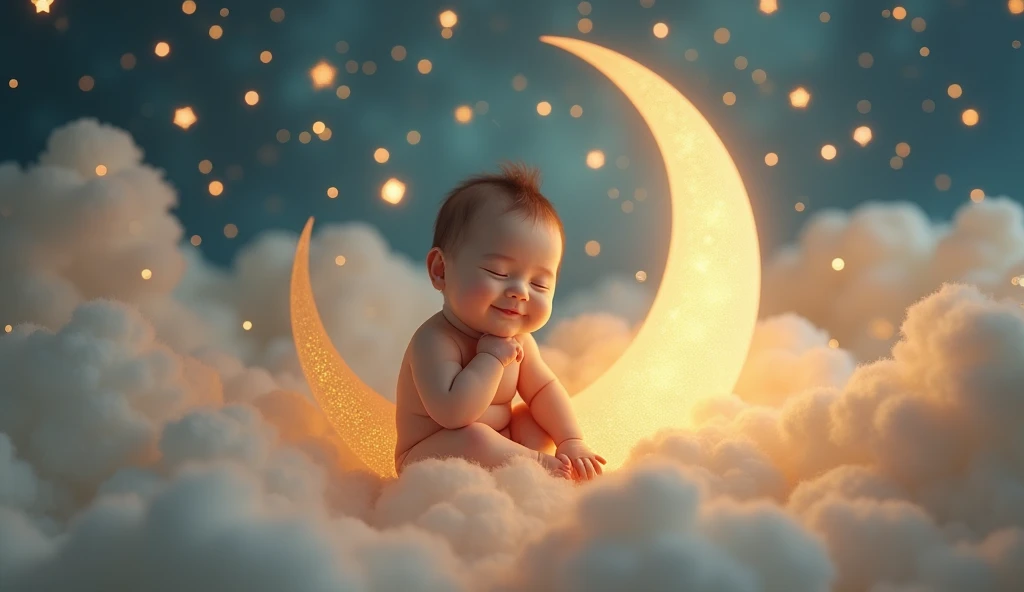 a baby listens to a lullaby and sits tenderly on a crescent moon in a fairy-tale space and there are many stars around, sleeps with closed eyes