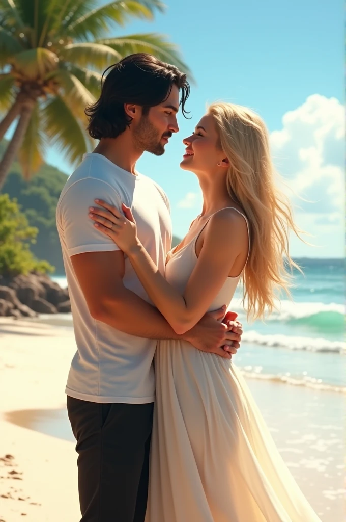 An handsome american-indian boy wearing white tshirt and black pant with his Germany girlfriend on beach 