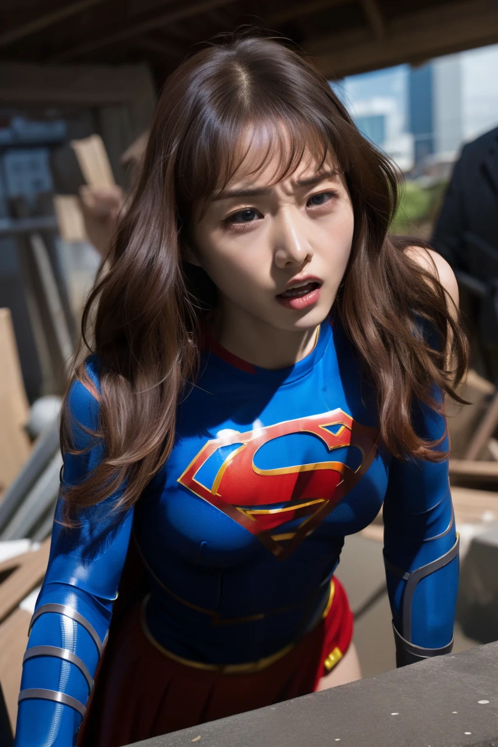 Supergirl, IshiharaSatomi, He is on his knees after taking heavy damage., A painful expression, destroyed metropolis, 