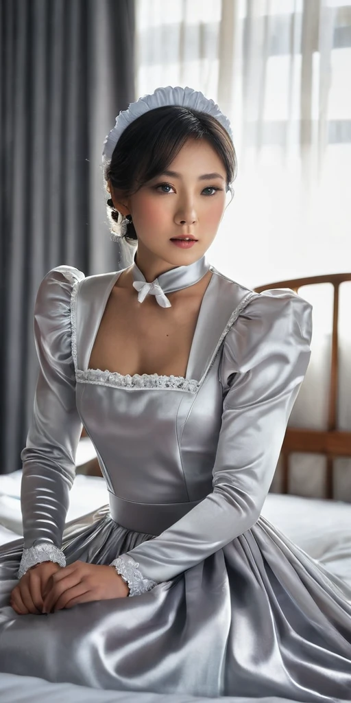 Portraiture、(masterpiece,Highest quality,Ultra-high resolution),Japanese women, (((Very beautiful 25 year old girl)))、(She is wearing a shiny light silver satin long sleeve maid outfit..)、The dress has a simple design without any patterns...、(((A long skirt made of pale silver satin.)))、Pale silver satin gloves、((Pale silver satin bodysuit))、Sitting on a bed in a dark room