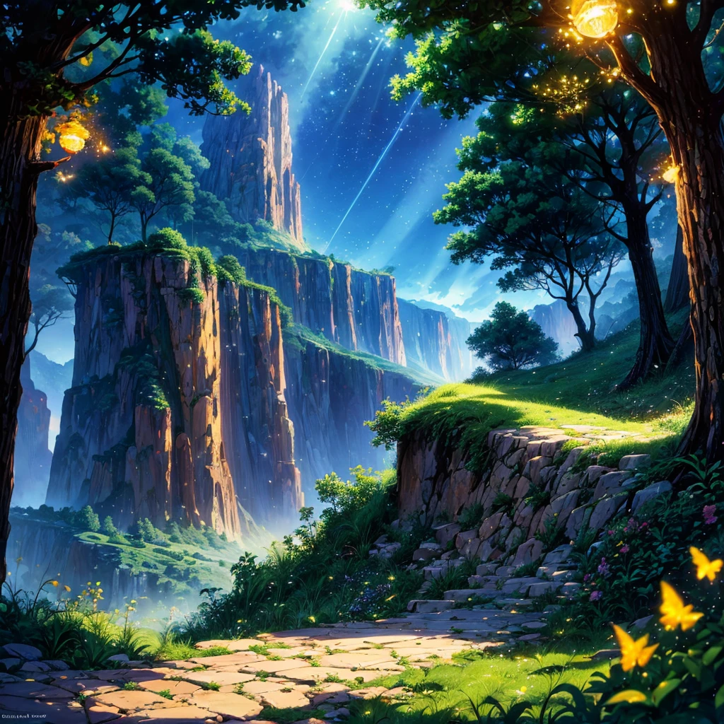 a painting of a boy standing on a hill looking at a valley, by sylvain sarrailh, cover game art, epic full color illustration, silvain sarrailh, makoto shinkai cyril rolando, inspired by sylvain sarrailh, board game cover art, fantasy rpg book illustration, official artwork, inspired by Cyril Rolando, background artwork(glowing fireflies and butterfiles )(greenery view)(bright blue shinning sky)(night view)(borkeh effect)(far angle view)