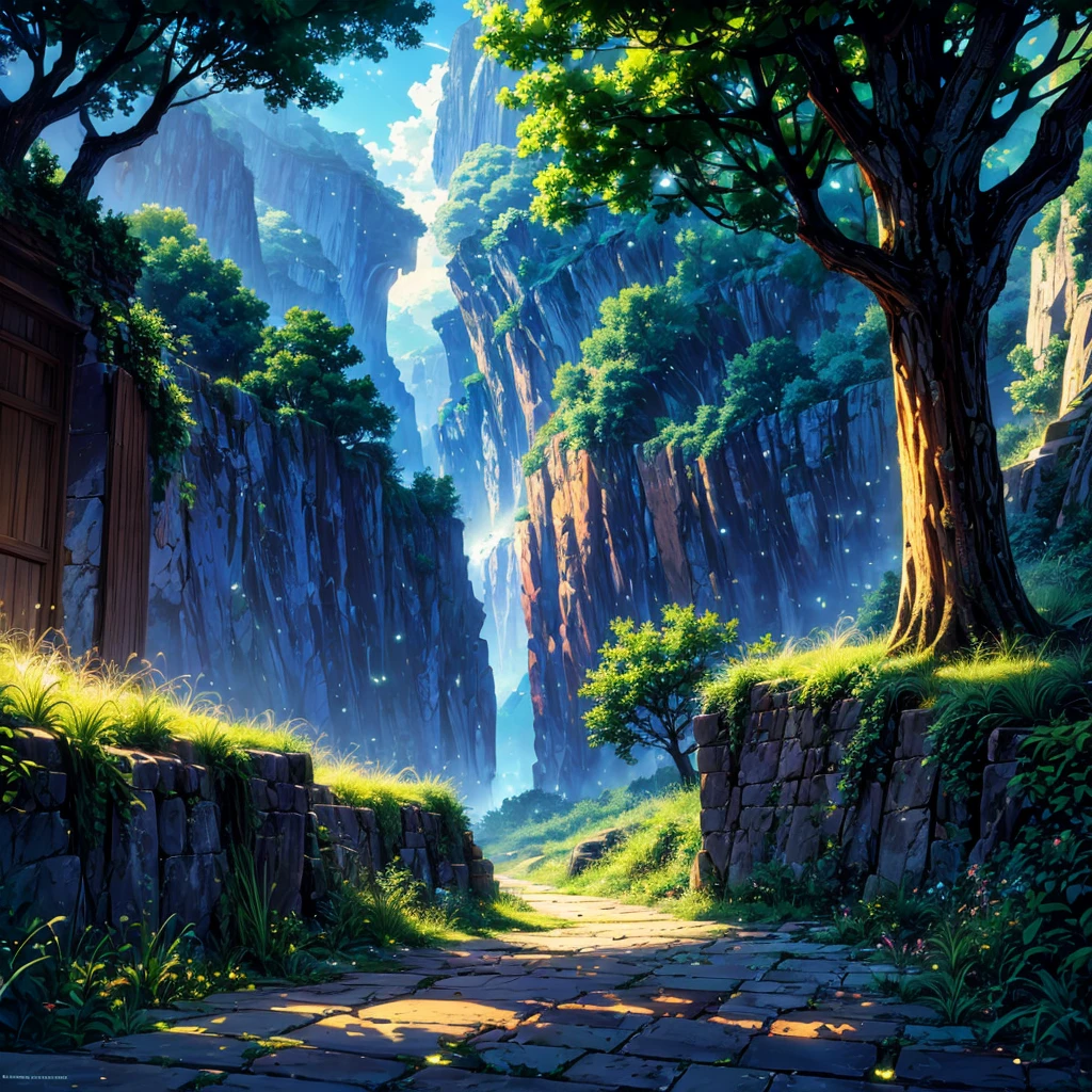 a painting of a boy standing on a hill looking at a valley, by sylvain sarrailh, cover game art, epic full color illustration, silvain sarrailh, makoto shinkai cyril rolando, inspired by sylvain sarrailh, board game cover art, fantasy rpg book illustration, official artwork, inspired by Cyril Rolando, background artwork(glowing fireflies and butterfiles )(greenery view)(bright blue shinning sky)(night view)(borkeh effect)(far angle view)