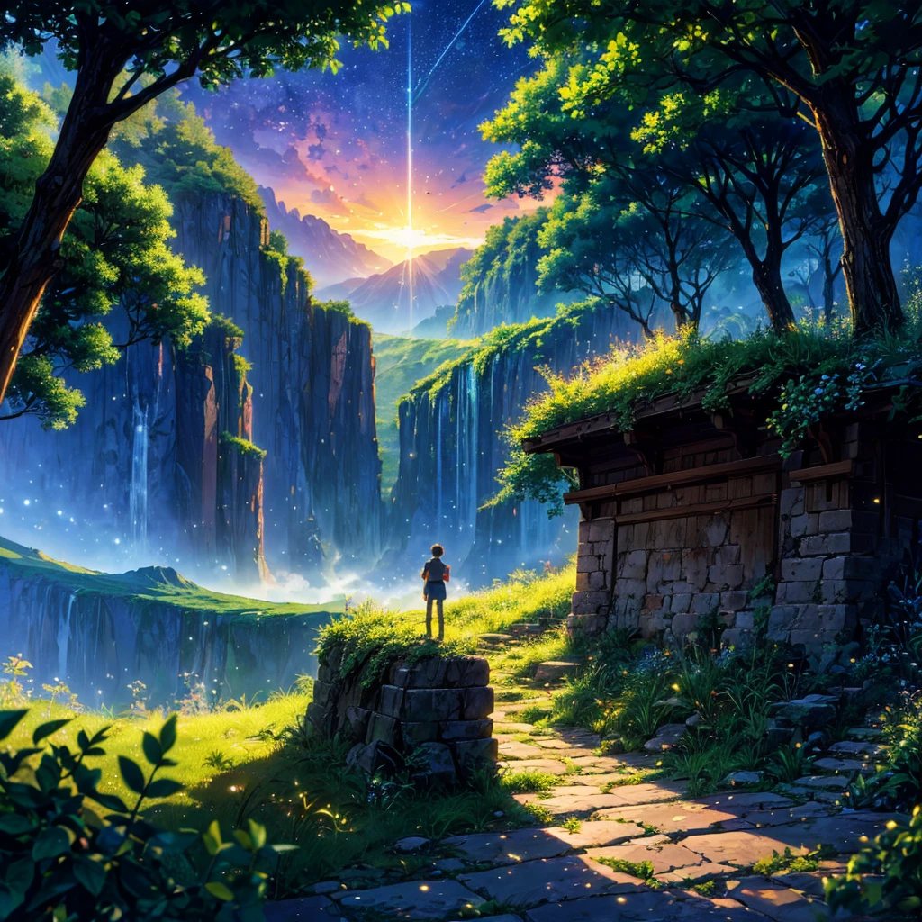 a painting of a boy standing on a hill looking at a valley, by sylvain sarrailh, cover game art, epic full color illustration, silvain sarrailh, makoto shinkai cyril rolando, inspired by sylvain sarrailh, board game cover art, fantasy rpg book illustration, official artwork, inspired by Cyril Rolando, background artwork(glowing fireflies and butterfiles )(greenery view)(bright blue shinning sky)(night view)(borkeh effect)(far angle view)