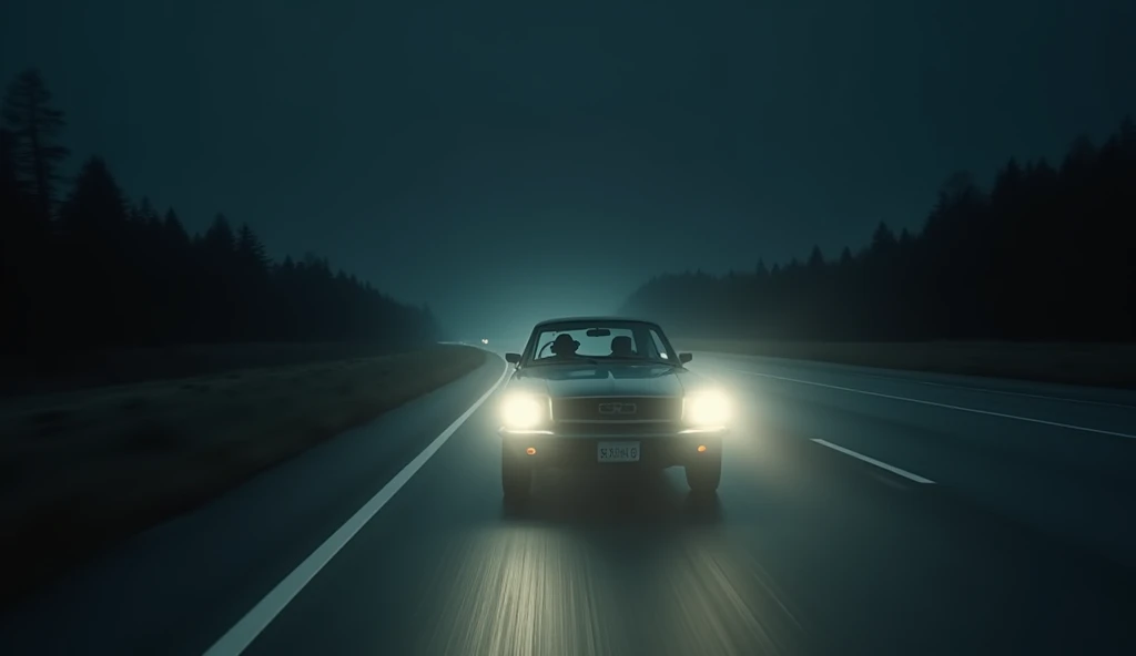 The protagonist’s car speeding down a dark highway, the night pressing in from all sides. The car’s headlights illuminate the road, but the surroundings remain ominously dark.