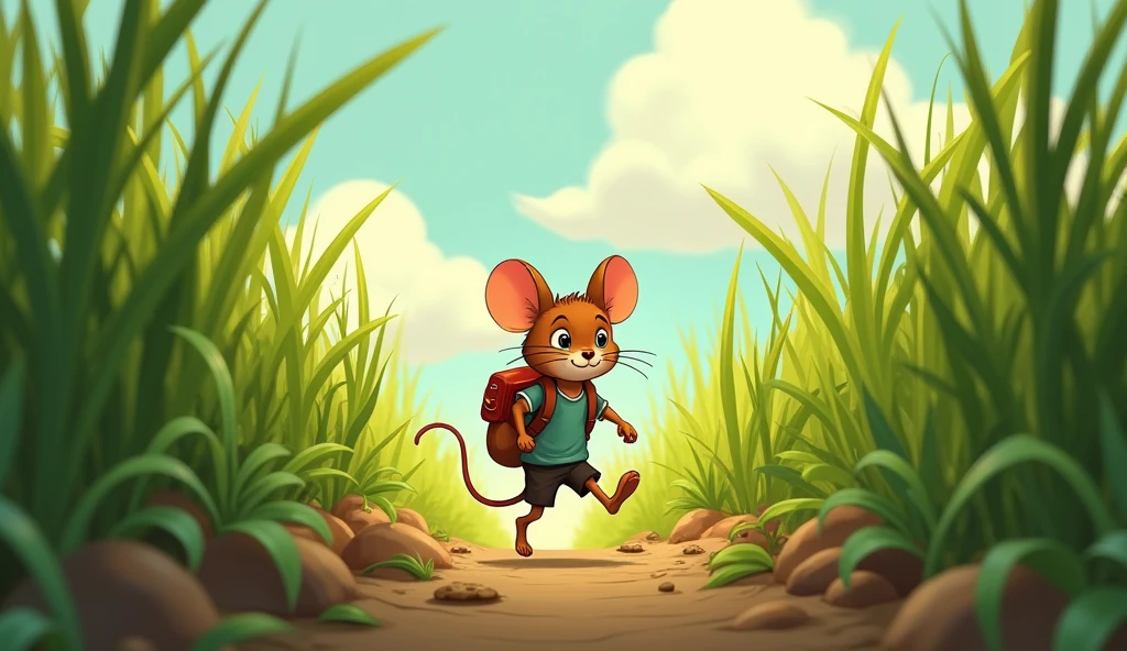 Max the mouse knew he had to act fast. He put on his tiny backpack and zoomed out of his mouse hole. His little legs squeaked as he raced through the tall grass. He could already smell the delicious cookies wafting through the air.