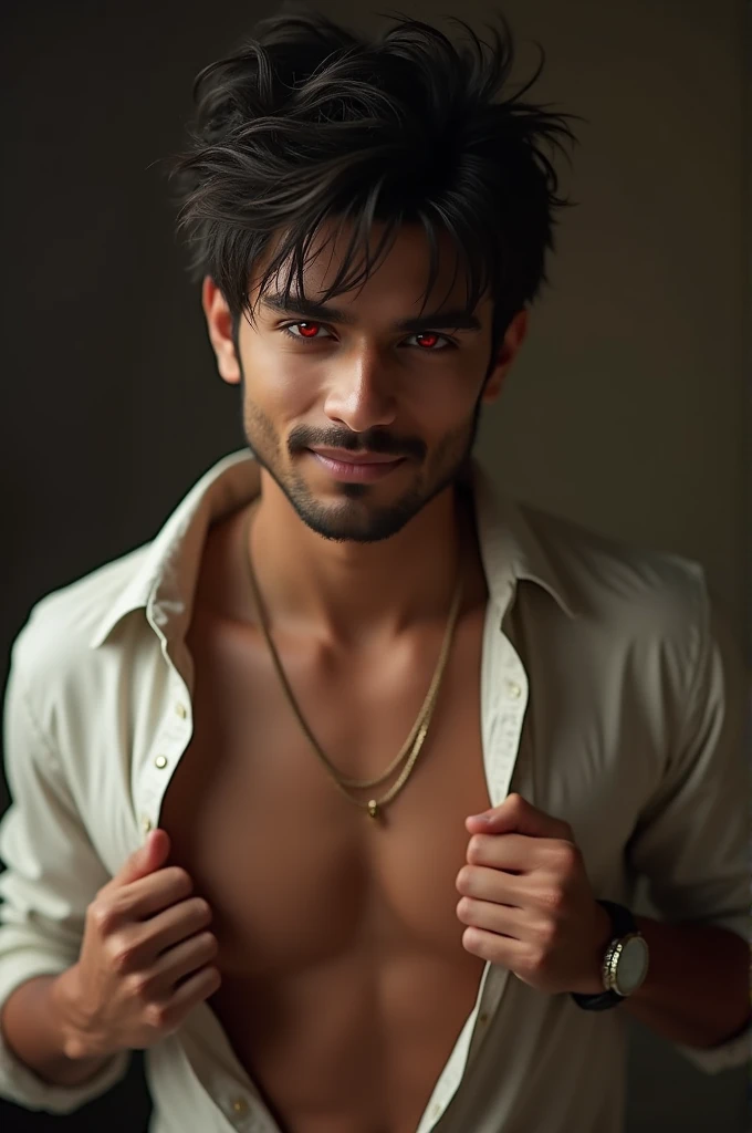 young Pakistani's man, with short black hair , red eyes , smirking, dressed in a unbuttoned shirt, slowly undressing