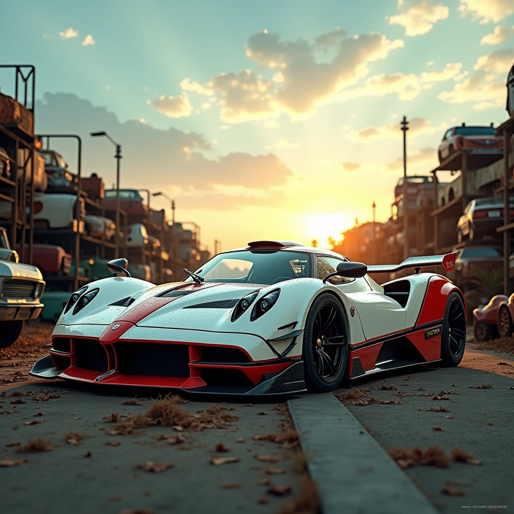 A captivating digital wallpaper showcases a sleek and elegant Pagani Zonda cinque, parked in a junkyard. The car's dusty, exuding scrap. The vibrant sky is filled with a breathtaking view of the azure heavens above and the golden sun setting behind the horizon. The cinematic atmosphere creates a stunning visual treat for scrapyard enthousiast., cinematic, photo, vibrant Junkyard looks old and abandond and crash damaged, white color with red stripe over car, black accents along the bottom, junkyard, looks crashed