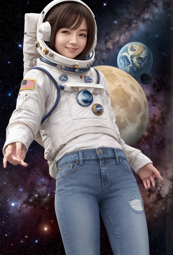Highest quality, High resolution, Clear image, Concept Art, Night Sky, performer, moon, , smile, hair, eye, mouth, hand, feet, clothing, jeans, T-Shirts, scarf, Have, space, spaceship, spacesuit, astronaut, planet, Milky Way, beautiful, cute, comfortable, nature, dream-like, relaxed, Sparkling, cute