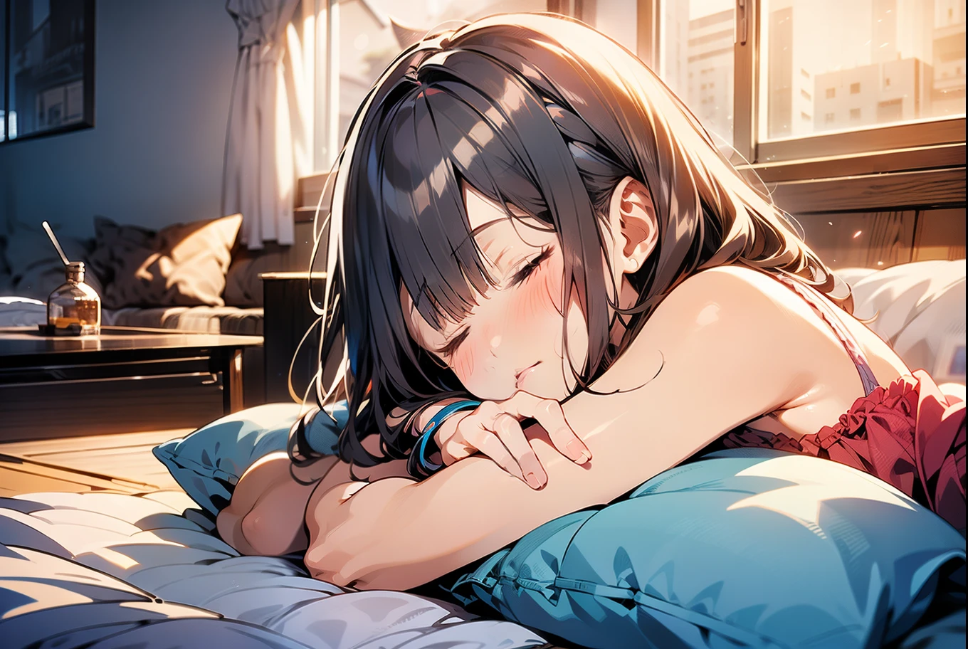In 8K、Highest quality、masterpiece、Ultra-detailed、Ultra-high resolution、Anime Style、(One woman)、night、Dark Room、On the futon、Sleeping on your side、underwear、Exposing shoulders、Embarrassing、Red face