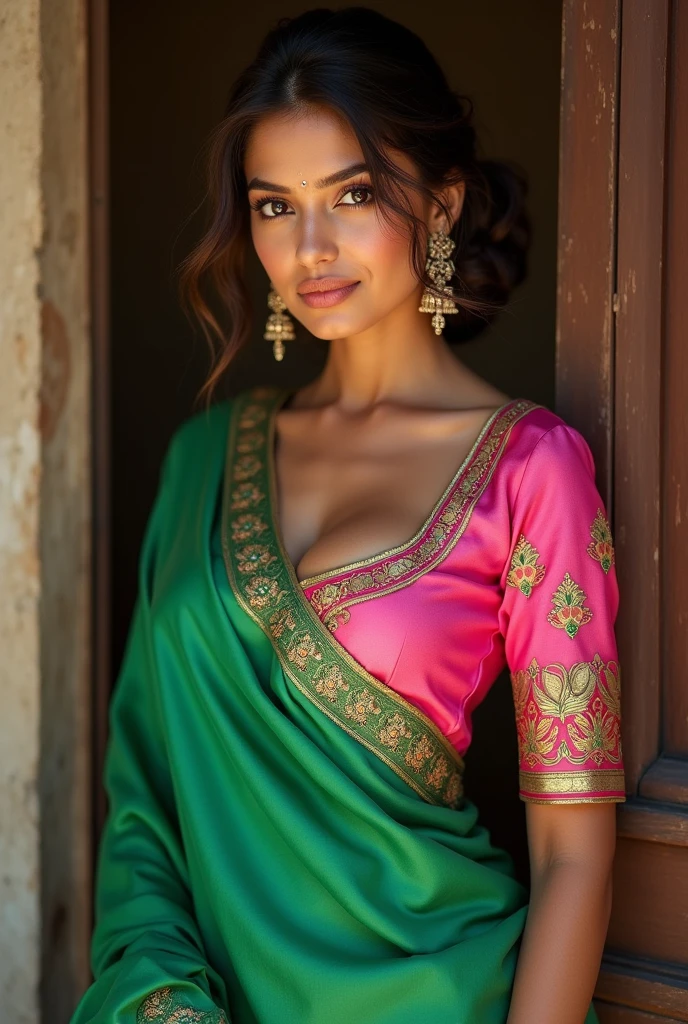 A sexy Indian wife with a huge round shining  hanging and long cleavage line visible in a sexy folded green saree & pink single tripe blouse with rajasthani colorful prints. Note: wife should look like "Sakshi Bhogal" an Instagram model, medium shot, thigh high, detailed face, detailed skin texture, pores, photorealsitic, professional photography , uncroppped.