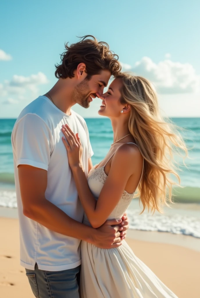 An handsome american boy wearing white tshirt and black pant with his Germany girlfriend on beach