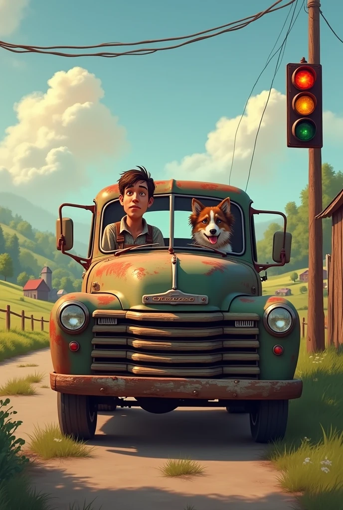 A farm truck with a human and his dog waiting at the animated traffic light