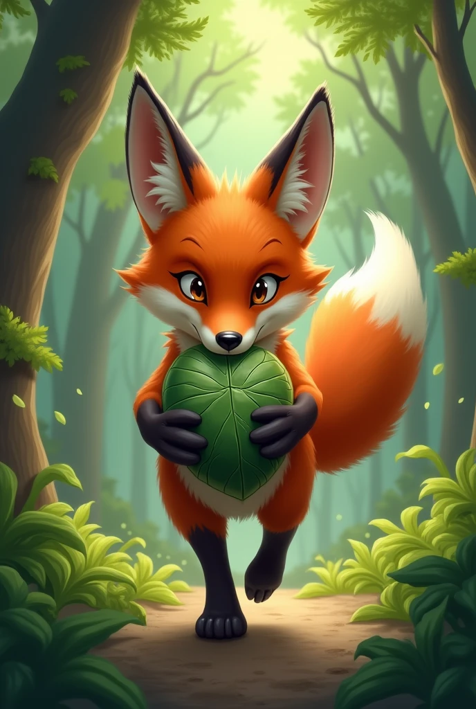 The fox delivering a stone wrapped in a leaf