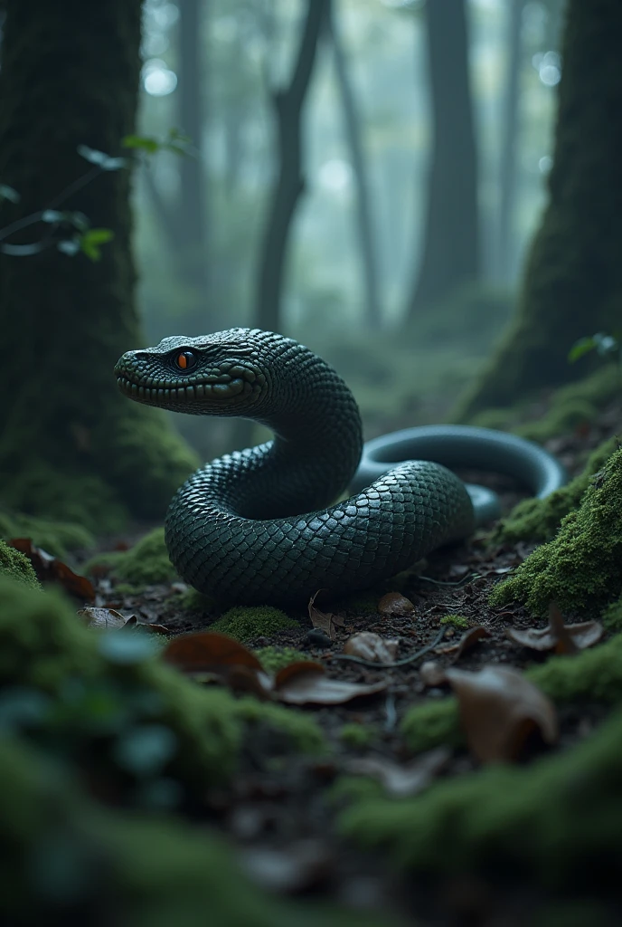 Deep in the forests of Japan、The Tsuchinoko snake is crawling its thick, short body along the ground.。The center of the torso is abnormally bulging、Its entire body is covered in eerie scales。The sharp eyes of the Tsuchinoko look around.、There is a strange sense of tension。Background tree々becomes a shadow、It makes the sense of fear even more pronounced。