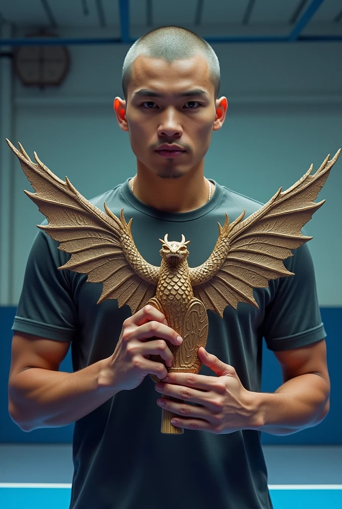 30 year old Indonesian man, buzz cut hair in clothes holding a table tennis racket in the shape of an astral dragon