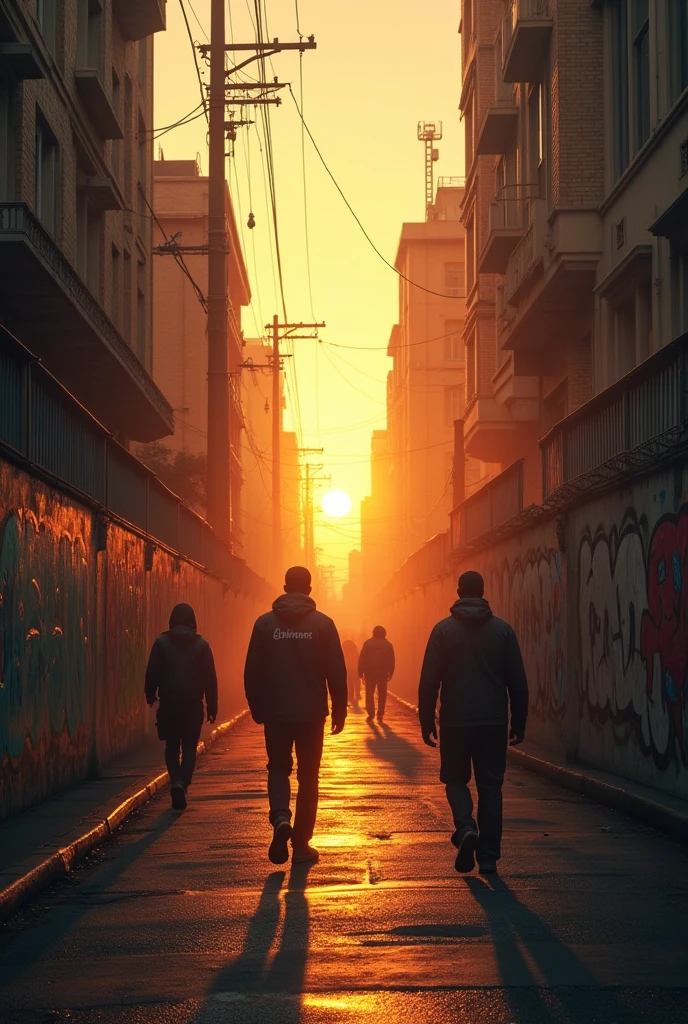 The scene fades out, leaving only the echoes of a powerful beat resonating in the air. The cityscape is now bathed in the golden light of dawn, symbolizing hope and renewal. The graffiti and murals are softly illuminated, with the mythological figures blending into the rising sun. The overall mood is one of closure and continuity, with the stories of the past seamlessly flowing into the future, carried by the beat of modern life.