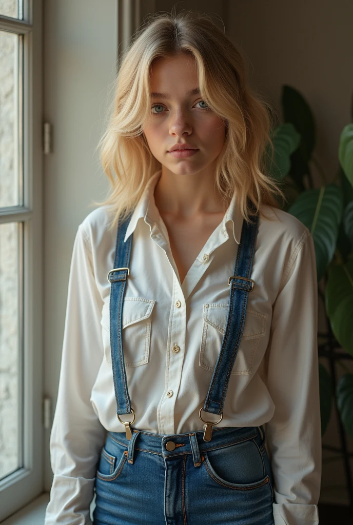 , European, blonde, big eyes, button-down shirt, big nude breasts, denim leggings with suspenders, ray tracing, HDR