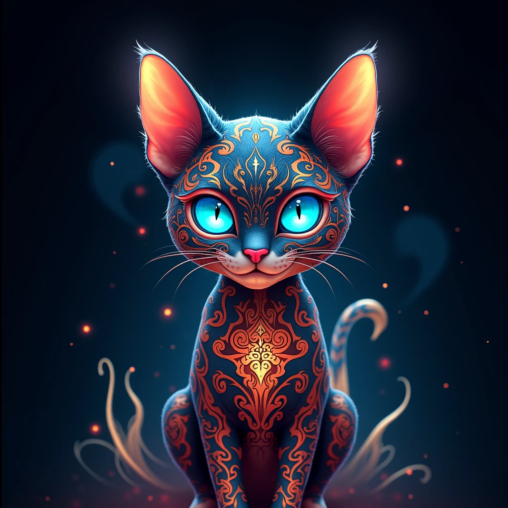 An intricate, stylized digital artwork of a tabby devon rex cat facing forward, with glowing blue eyes. The cat is portrayed in a highly detailed, ornate style, with swirling, decorative patterns covering its body and face. The patterns incorporate vibrant colors like red, orange, blue, and gold, resembling a mix of tribal and baroque designs. The background is dark, emphasizing the glowing elements, with soft, flowing lines and particles of light radiating around the cat, adding a mystical, ethereal atmosphere. The overall vibe is otherworldly and enchanting, with a focus on fine details and glowing effects.