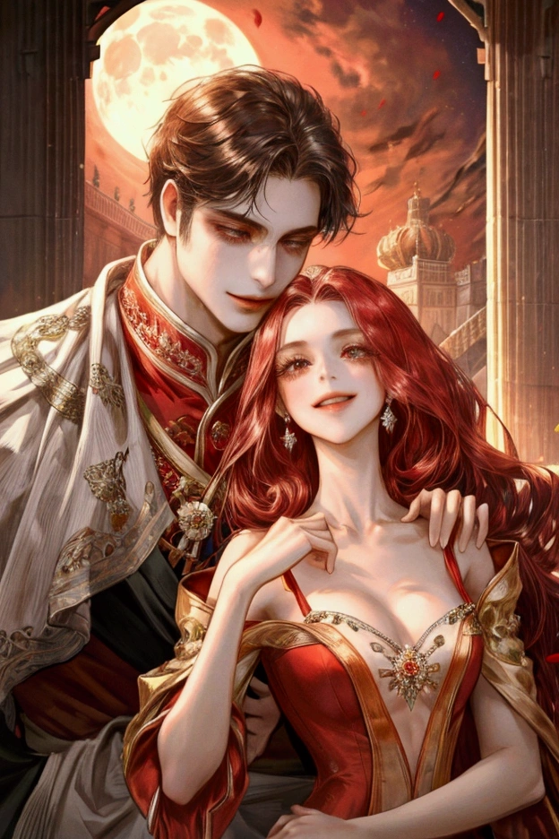 1 woman, red gown, smile, dancing under the moon, detailed face, detailed eyes, detailed hand and body, accurate, masterpiece, best quality, flower bloom, royal palace