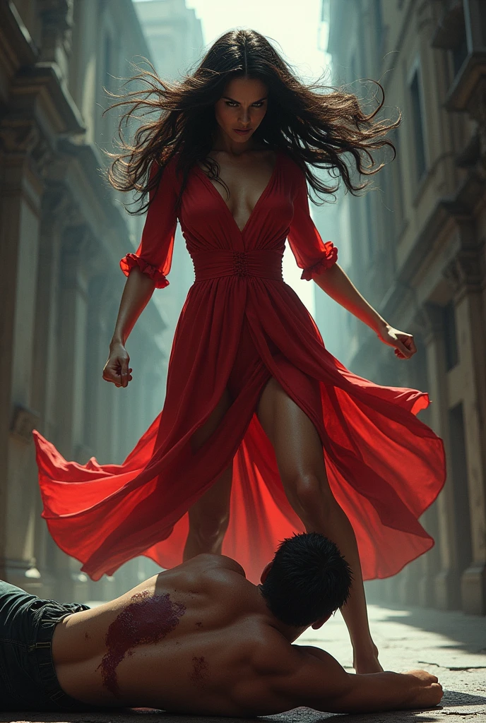Beautiful woman,Woman wearing red dress, Woman shouting on man,Woman fighting with man, Woman beating man, Woman kicks man , Woman victory posing on man, femdom ,trampling
