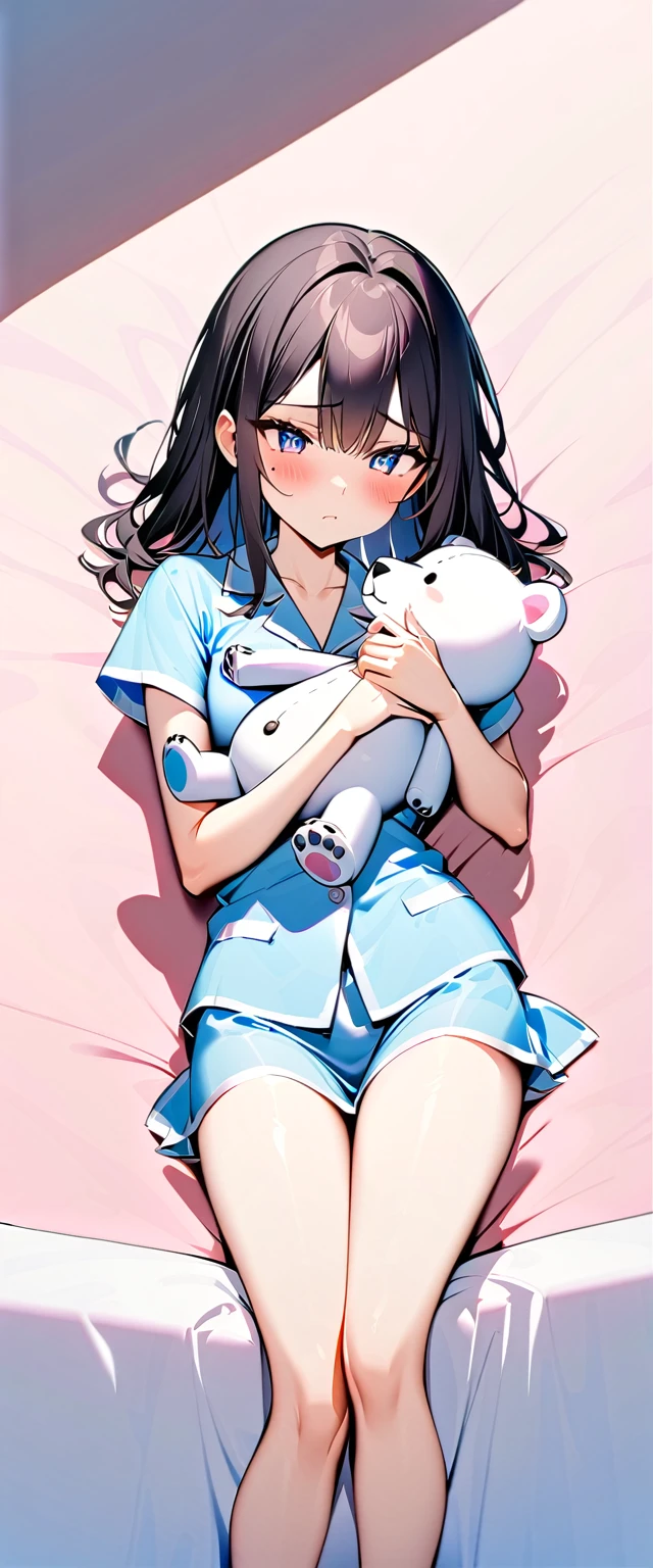 (highest quallity),(Artwork), 8k,very detailled, detailed light, best shade,Detailed reflective eyes, very detailledな顔,shiny hair,(1 girl:1.2),Woman,gland,Bblack hair,embarrassing,blush,beautiful fingers,beautiful hands,all-body,blue colored eyes,(Medium length hair:1.2),fine tune,mole under the eye,pijamas,(Plush polar bear:1.2),(Big teddy bear:1.2),Hug a stuffed animal,(Watery eyes 1.2), with sexy sleepwear (very sexy sexy pajamas