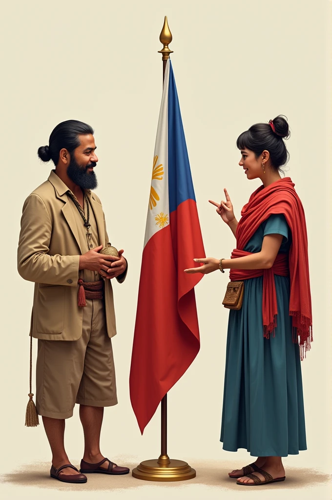 3 different philippine culture languages turned around and looking at the Philippine flag talking to each other