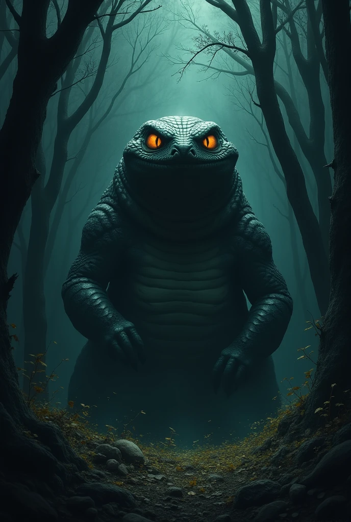 In the dark forest、The eerie-looking Tsuchinoko, with its short body and thick, bulging body, is rearing its head.。Its body is covered with snake-like scales and is unusually heavy.、The eyes reflecting the light shine brightly.。Withered leaves fluttering at my feet、The surroundings are shrouded in deep darkness。

