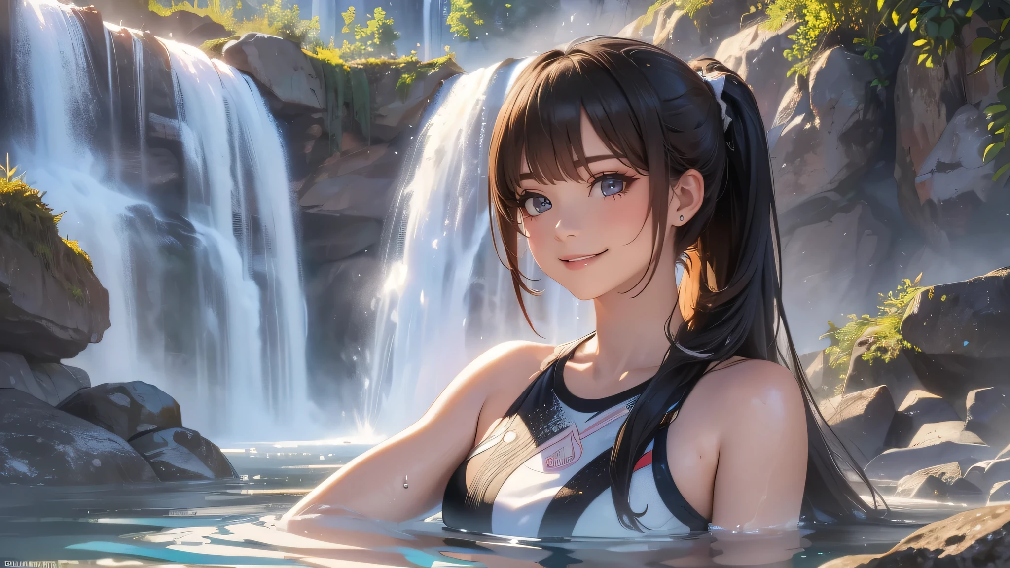 (bathing in the basin of a waterfall),ultra straight hair,long ponytail,rash guard,(Highest image quality, (8K), Ultra-realistic, Best Quality, High quality, High Definition, high quality texture, high detailing, Beautiful detailed, fine detailed, extremely details CG, Detailed texture, realistic representation of face, masterpiece, presence)