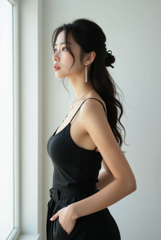 Highest quality、Photographed in natural light、Highly realistic photos、Detailed beautiful face、Japanese women、profile、One person、30-year-old female、Summer clothes、カジュアルな黒いのSummer clothes、Half Up Hair、Don't look at the camera、indoor、In front of a white wall、Big Breasts,Chain earrings
