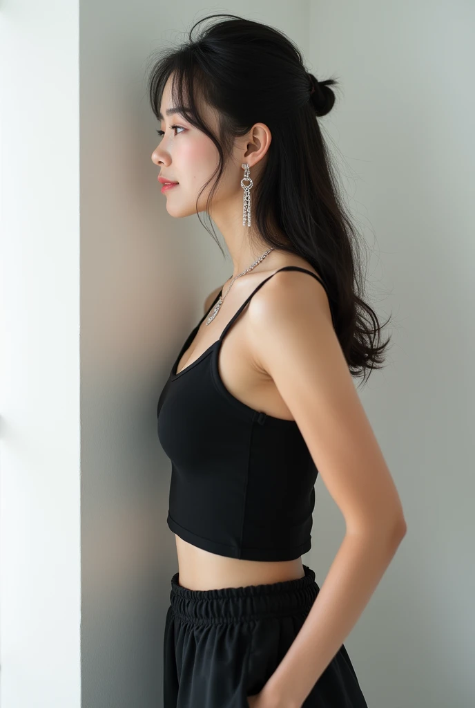 Highest quality、Photographed in natural light、Highly realistic photos、Detailed beautiful face、Japanese women、profile、One person、30-year-old female、Summer clothes、カジュアルな黒いのSummer clothes、Half Up Hair、Don&#39;t look at the camera、indoor、In front of a white wall、Big Breasts,Chain earrings