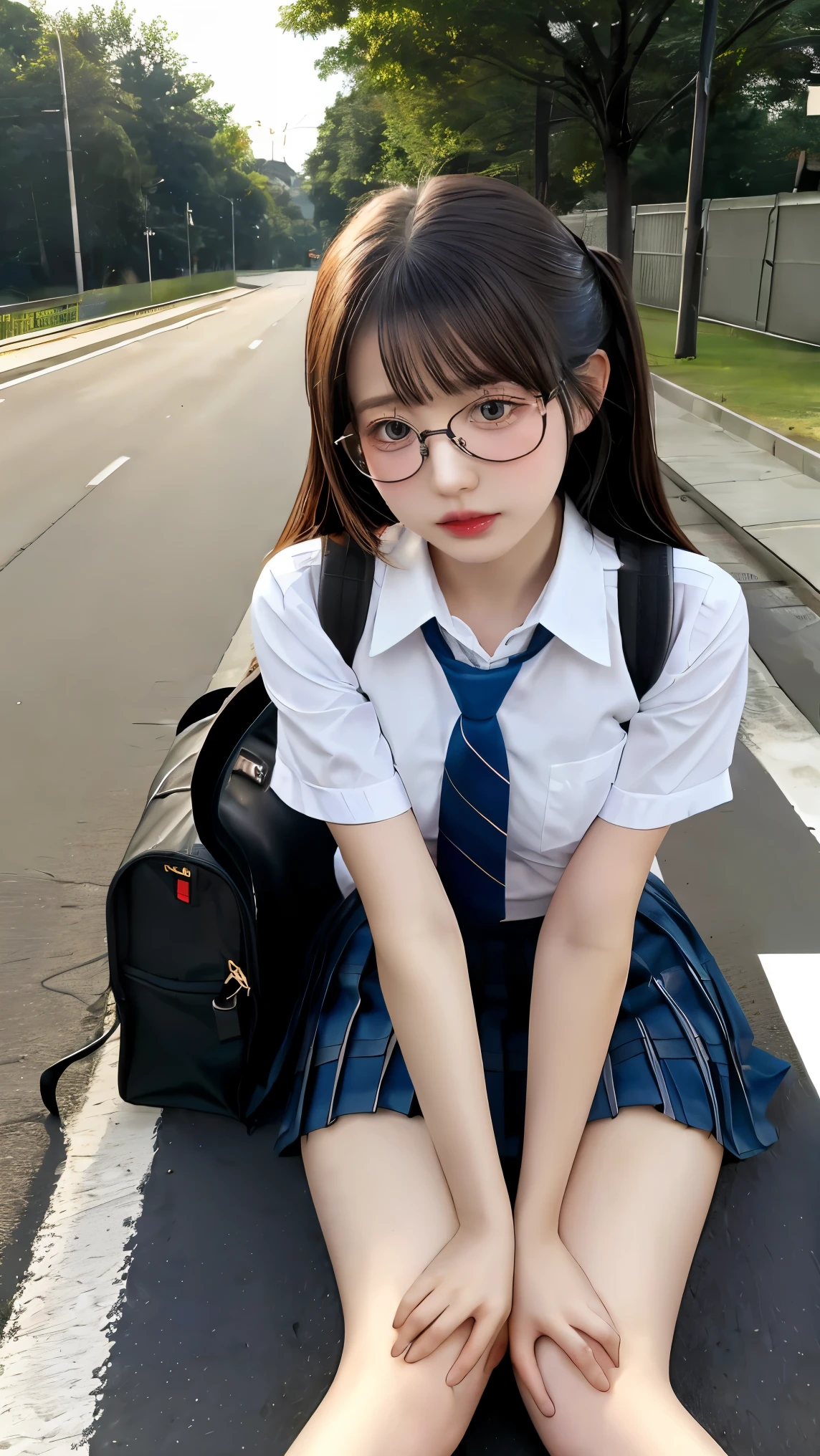 Masterpiece, best quality, Very detailed, illustration,, (With equipment:1.4), 1 girl, glasses, small breasts, necktie, skirt, bag, School uniform, black hair, outdoor, road, Between the chest, road, school bag, Ground vehicles, Dunshi, Japan,,  