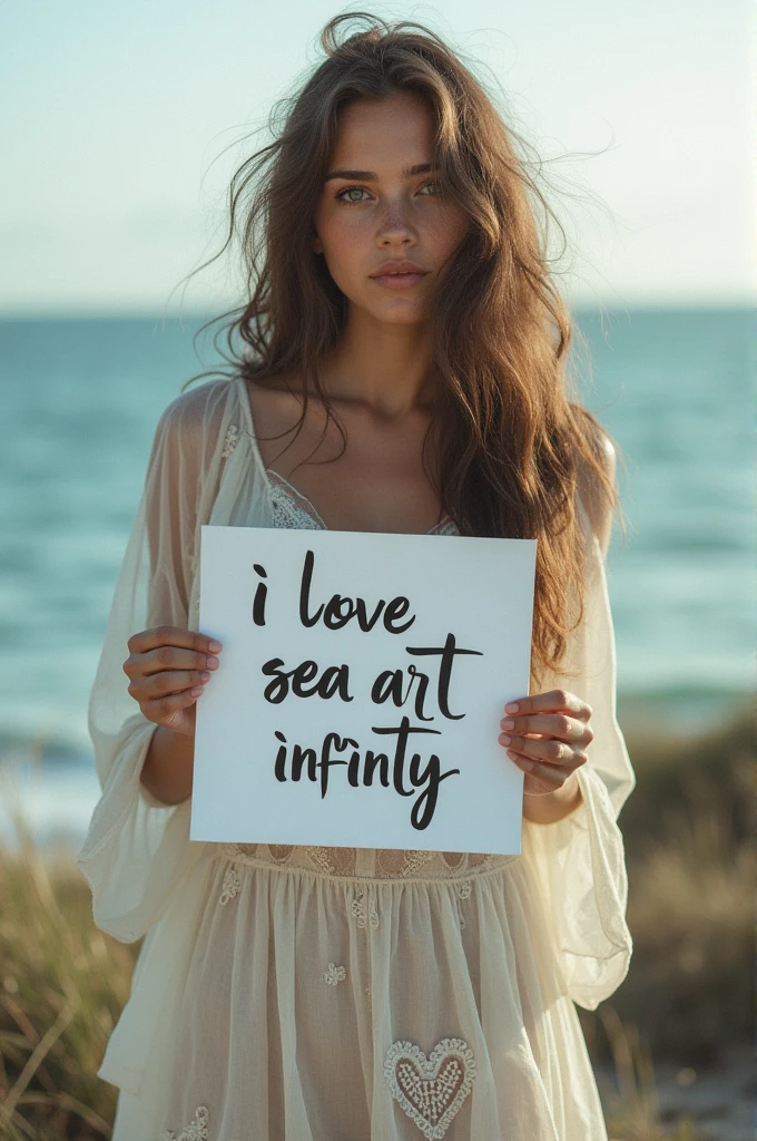 Beautiful girl with wavy long hair, bohemian dress, holding a white board with textbooks "I Love Seaart Infinity" and showing it to the viewer
