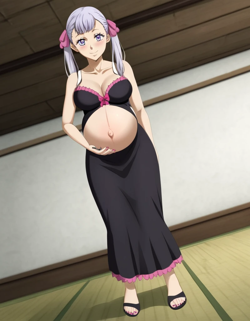 noelle_blackclover, Noelle Silva, Black Clover, long silver hair, waist-length hair, half-up half-down hairstyle, ribbon, side-parted bangs, almond-shaped blue eyes, high-quality, ultra-detailed, beast quality, 8K resolution,
looking at viewer, dutch angle, cowboy shot, smile, pregnant belly, large belly, big belly, big Breasts, belly button,
1girl,solo, indoors, happy, Smiling, rub belly,
full body, Nail polish,