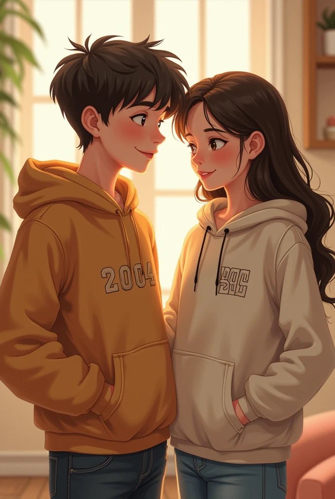 Adult Cute boy who wears  2004 hoodie and cute adult girl who wears 2006 hoodie