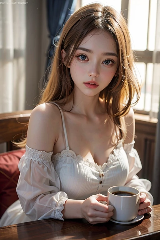 (masterpiece: 1.2, Portraiture, Highest quality), Realistic, (Live Action, Intricate details, Written boundary depth), Highest quality, masterpiece, Attention to detail, semi-Realistic, Drinking coffee in the morning , shy, 21 years old, Short blonde, blue eyes, blonde、 Slim figure、Shoulder Bare、night、Light is streaming in through the curtains, Wearing a nightgown, Drink coffee、Dark Room；1.5