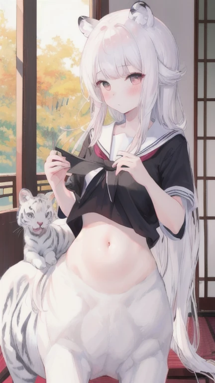 (best quality, masterpiece), 1 girl, centaur, I beg, White skin, Japanese schoolgirl, black pink, exposing the abdomen, belly button t-shirt , beautiful girl perfect, White tiger photo, 완벽한 White tiger photo