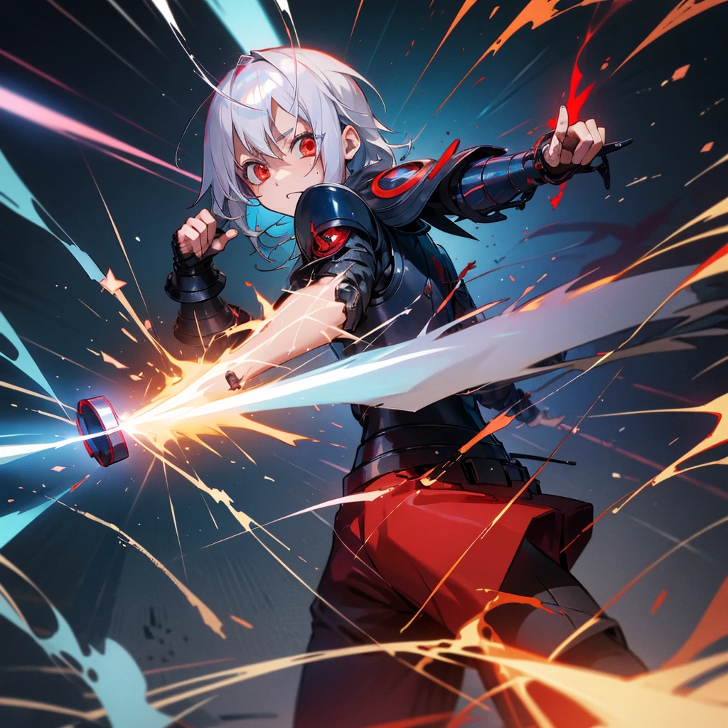 Silver-haired, red-eyed boy, about 7 years old, Shota, Cyborg, Right armｂto a cannon、Charged with blue energy. Sense of speed. A cannon charged with a large amount of red energy is coming from his back and pointing towards us. Background: Cracked hologram. Going crazy. Wearing black armor.