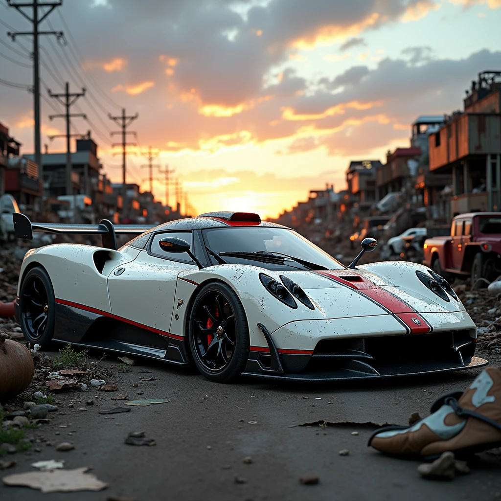 A captivating digital wallpaper showcases a sleek and elegant Pagani Zonda cinque, parked in a junkyard. The car's dusty, exuding scrap. The vibrant sky is filled with a breathtaking view of the azure heavens above and the golden sun setting behind the horizon. The cinematic atmosphere creates a stunning visual treat for scrapyard enthousiast., cinematic, photo, vibrant Junkyard looks old and abandond and crash damaged, white color with red stripe over car, black accents along the bottom, junkyard, front end crash damaged