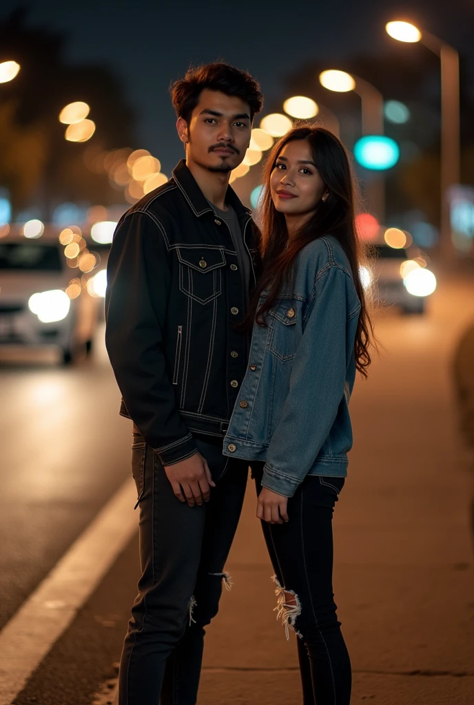 Portrait of young Indonesian man wearing black slim denim jacket and ripped jeans at the knees,and young Indonesian woman with long hair wearing a slim denim jacket walking wearing shoes,on the side of the road,a lot of cars go fast and blur,the night,best quality,real,face in front of the camera