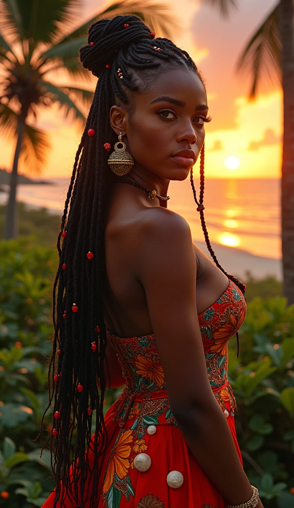 A breathtaking, hyper-realistic photography of a charming, seductive, beautiful, voluptuous and captivating Caribbean woman, her deep, dark skin glowing under the warm golden huesof the setting sun. She is Scantily clad in an elegant dress, vibrant, colorful clothing that showcases the rich tropical culture, her long, flowing hair adorned with beads and shells. Her intense gaze speaks volumes, as she stands in the heart of a lush, exotic landscape, with swaying palm trees and a sky filled with orange and pink hues. The background island, surrounded by the vast ocean, adds a touch of magical realism to the scene, evoking the beauty of a beach sunset. This masterpiece, reminiscent of Cyril Rolando's works, is perfect for a profile picture or a high-detailed desktop wallpaper, offering a sense of tranquility and escape to those who behold it.
