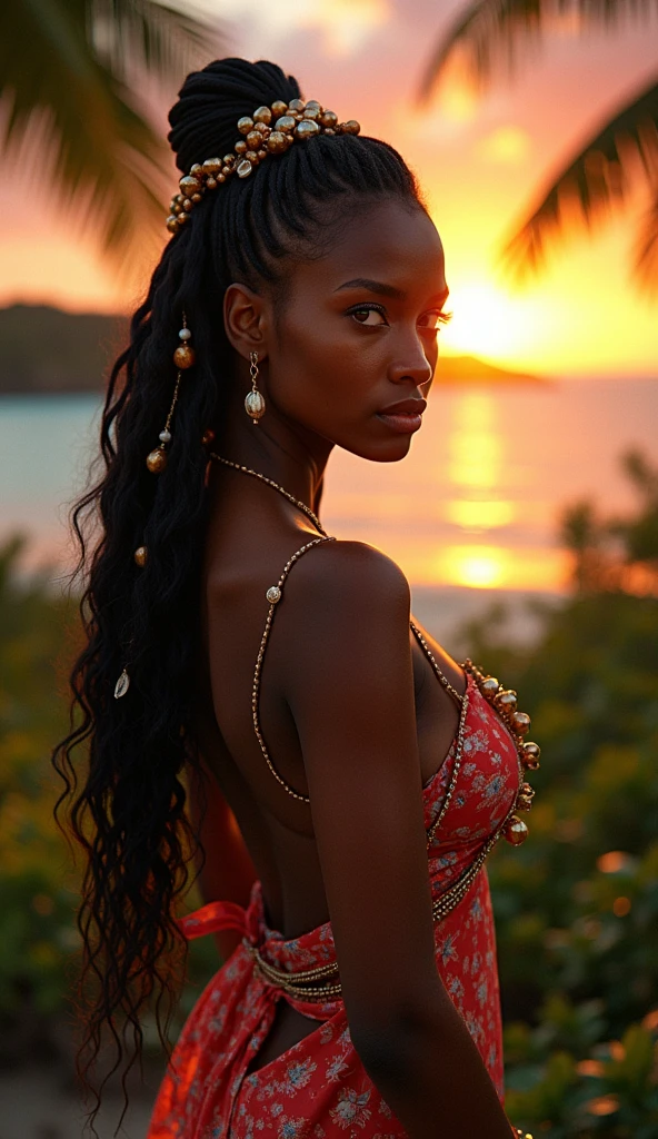 A breathtaking, hyper-realistic photography of a charming, seductive, beautiful, voluptuous and captivating Caribbean woman, her deep, dark skin glowing under the warm golden huesof the setting sun. She is Scantily clad in an elegant dress, vibrant, colorful clothing that showcases the rich tropical culture, her long, flowing hair adorned with beads and shells. Her intense gaze speaks volumes, as she stands in the heart of a lush, exotic landscape, with swaying palm trees and a sky filled with orange and pink hues. The background island, surrounded by the vast ocean, adds a touch of magical realism to the scene, evoking the beauty of a beach sunset. This masterpiece, reminiscent of Cyril Rolando's works, is perfect for a profile picture or a high-detailed desktop wallpaper, offering a sense of tranquility and escape to those who behold it.