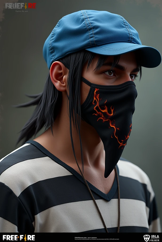 Free fire male character, My character is one who wears a blue hat that falls down at the sides, a black bandana with a fire design on the side, a black and white striped prisoner shirt, and the hat is not a cap, it is a hat that falls down at the sides, it is not a cap, the hat is more down at the ears, it is a hat that falls down at the sides, it is a new character. My hat falls down at the ears. It is a hat that falls down at the sides and it is a new character.
