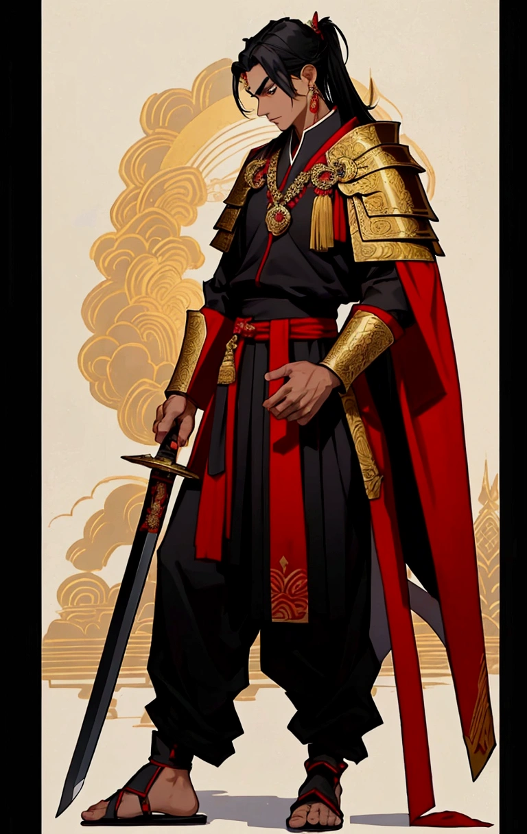 His Majesty is black, Male characters,black hair,Black eyebrows,Wearing black and red Thai armor,Holding a Thai sword,Wear Thai warrior pants,shoe,short hair,Wear a Thai hat,