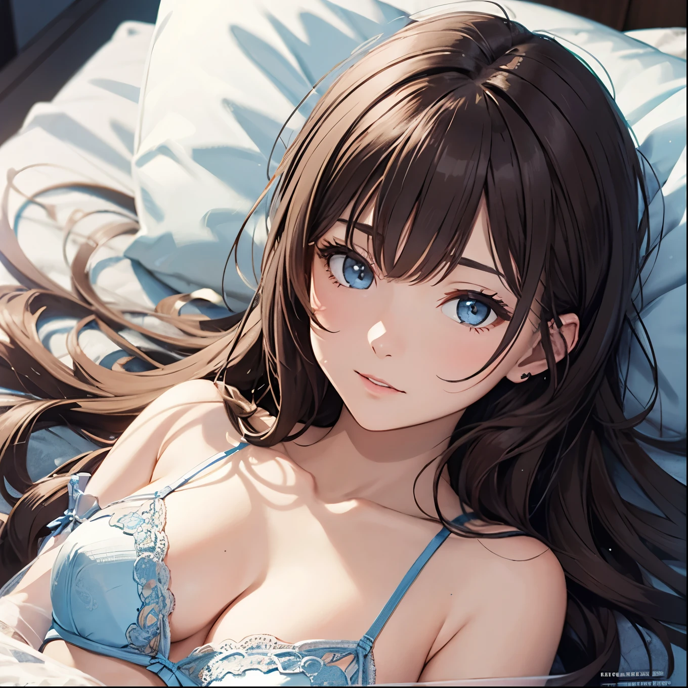 (one person's:1.3), Cinematic Light, (masterpiece, Highest quality, Highest quality, Official Art, beautifully、beautiful:1.3), Very detailed,Most detailed,(Very detailed),((Very delicate and beautiful)),
From above,(( Lying in bed)),
alone, chest, Silky long hair, (Brown Hair),
Light blue micro lace nightwear, 開いたchest,