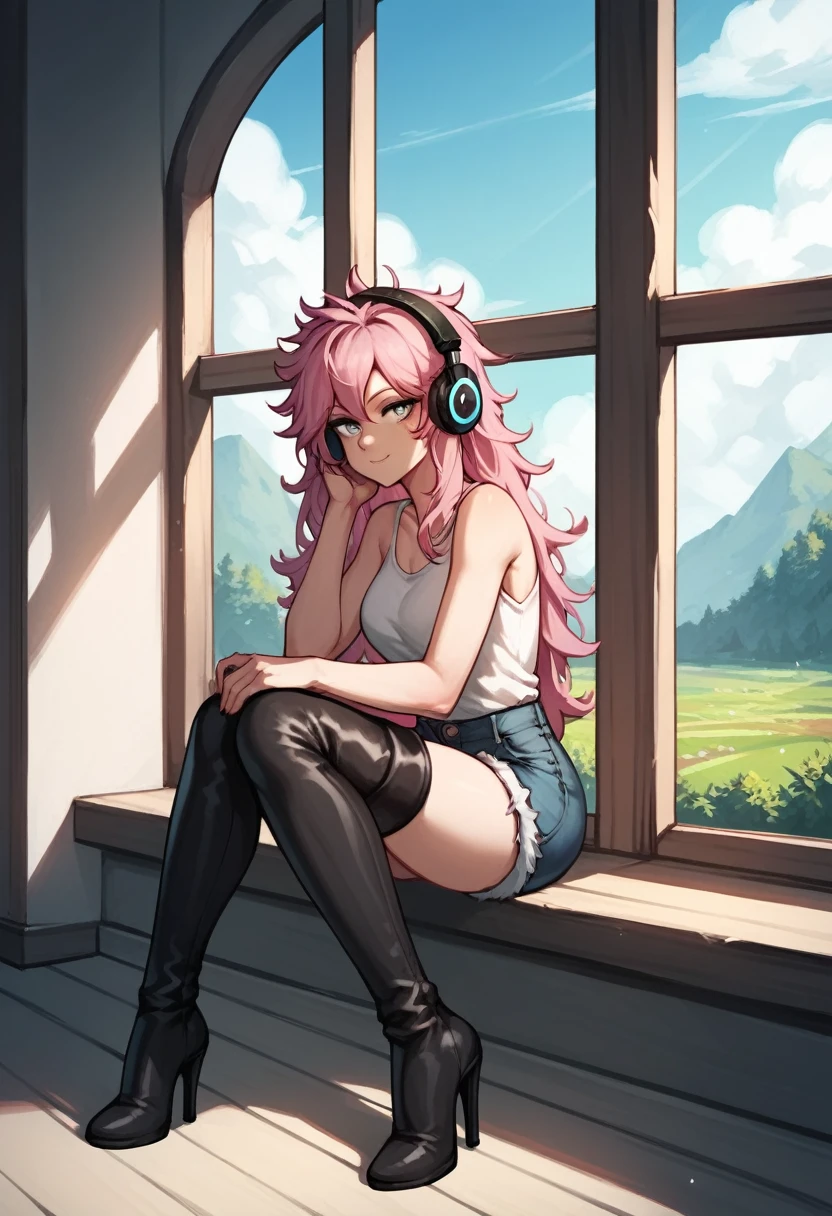 score_9, score_8_up, score_7_up, score_6_up, score_5_up, score_4_up, source_anime, 1woman, sexy face, sit, pink hair, long hair, white eyes, croosed legs, messy hair, white shirt, jeans shorts, black thigh high boots, pregnancy, heels, day, windows, beautiful view from the window, There are forests and fields outside the window, headphones, dungeon, best quality, best res, 4K UHD,
