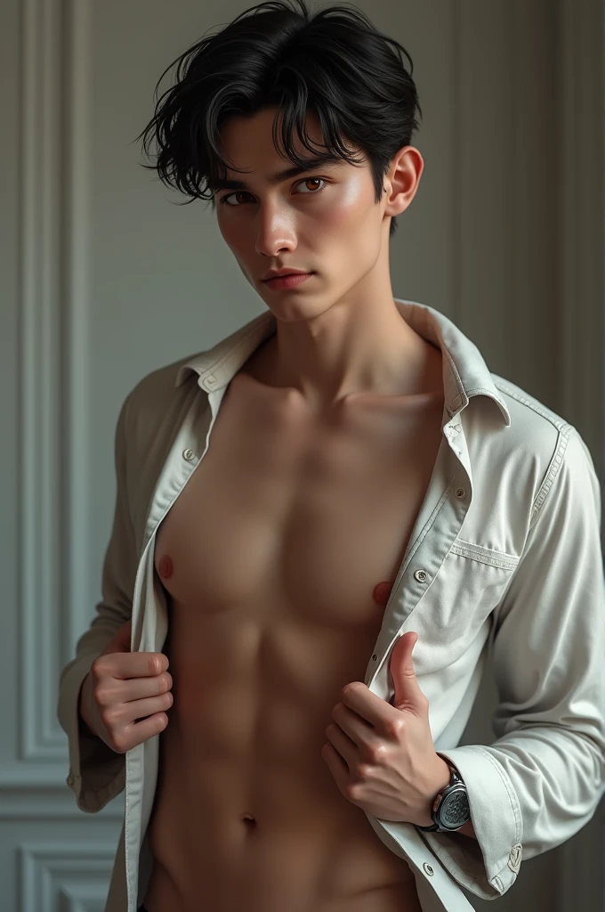 young European man, with short black hair , red eyes , smirking, dressed in a unbuttoned shirt,  slowly undressing 
