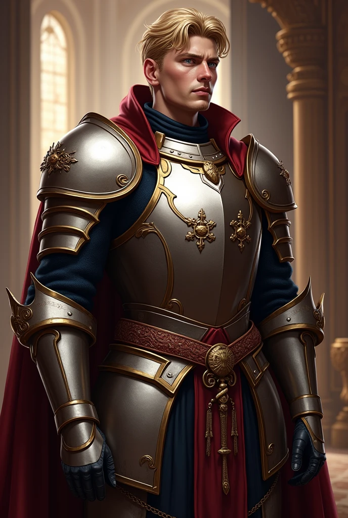 Lord Caius Marcellus, the Master of the Royal Guard and secret lover of Empress Seraphina. He is depicted as a noble and formidable figure, clad in the royal guard's armor, which is both elegant and practical, reflecting his high status and the responsibilities he bears. His armor is adorned with symbols of the Holy Empire of Etreal and personal insignia that signify his personal oath to protect the Empress at all costs. Despite the armor's toughness, there's a gentleness in his eyes, showcasing his good heart and pure intentions. He stands in the royal palace, perhaps near the throne or in a private chamber that hints at his intimate connection with the Empress. His posture is upright, exuding confidence and loyalty, but there's a hint of contemplation, reflecting his inner conflict between duty and morality. The background might subtly include elements that hint at his skills in combat and strategy, such as a finely crafted sword or a strategic map of the empire, Art Styles: high fantasy, Renaissance, Art Inspirations: heroic portraiture, fantasy novel covers, Camera: 50mm, Shot: medium shot, Render Related Information: high resolution, detailed with a focus on the textures of his armor and the softness of his expression, ambient lighting to highlight his noble yet complex character.