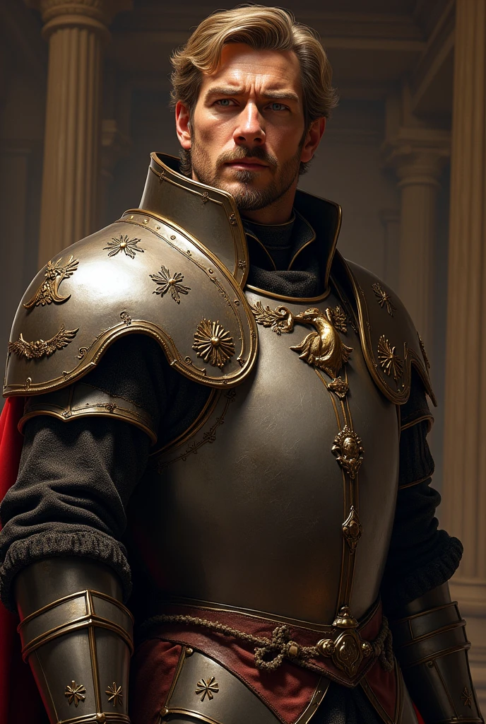 Lord Caius Marcellus, the Master of the Royal Guard and secret lover of Empress Seraphina. He is depicted as a noble and formidable figure, clad in the royal guard's armor, which is both elegant and practical, reflecting his high status and the responsibilities he bears. His armor is adorned with symbols of the Holy Empire of Etreal and personal insignia that signify his personal oath to protect the Empress at all costs. Despite the armor's toughness, there's a gentleness in his eyes, showcasing his good heart and pure intentions. He stands in the royal palace, perhaps near the throne or in a private chamber that hints at his intimate connection with the Empress. His posture is upright, exuding confidence and loyalty, but there's a hint of contemplation, reflecting his inner conflict between duty and morality. The background might subtly include elements that hint at his skills in combat and strategy, such as a finely crafted sword or a strategic map of the empire, Art Styles: high fantasy, Renaissance, Art Inspirations: heroic portraiture, fantasy novel covers, Camera: 50mm, Shot: medium shot, Render Related Information: high resolution, detailed with a focus on the textures of his armor and the softness of his expression, ambient lighting to highlight his noble yet complex character.
