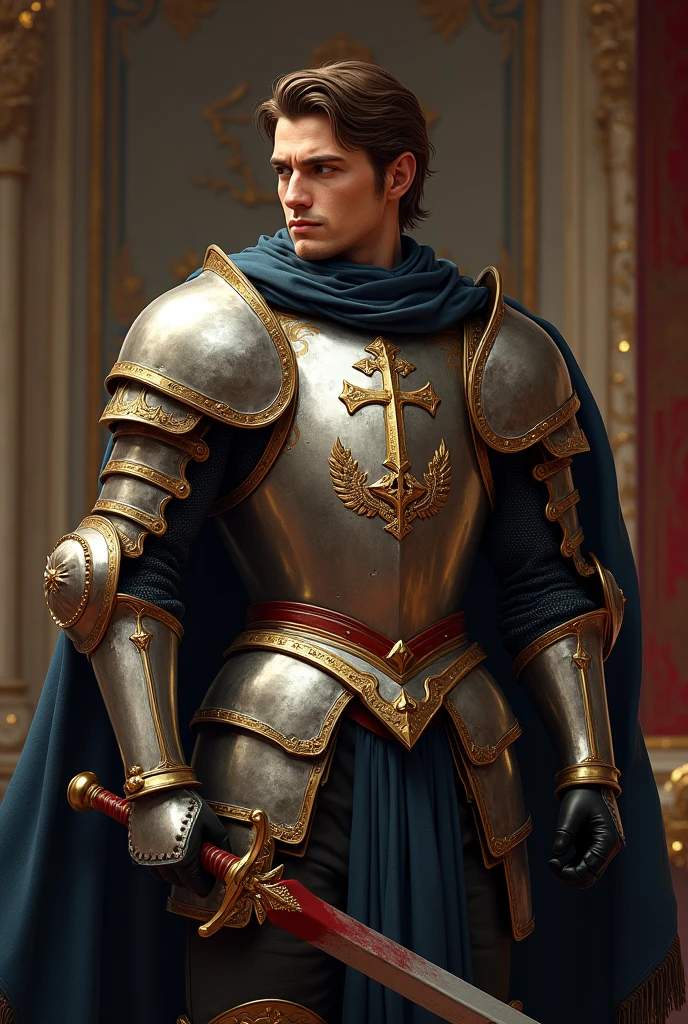 Lord Caius Marcellus, the Master of the Royal Guard and secret lover of Empress Seraphina. He is depicted as a noble and formidable figure, clad in the royal guard's armor, which is both elegant and practical, reflecting his high status and the responsibilities he bears. His armor is adorned with symbols of the Holy Empire of Etreal and personal insignia that signify his personal oath to protect the Empress at all costs. Despite the armor's toughness, there's a gentleness in his eyes, showcasing his good heart and pure intentions. He stands in the royal palace, perhaps near the throne or in a private chamber that hints at his intimate connection with the Empress. His posture is upright, exuding confidence and loyalty, but there's a hint of contemplation, reflecting his inner conflict between duty and morality. The background might subtly include elements that hint at his skills in combat and strategy, such as a finely crafted sword or a strategic map of the empire, Art Styles: high fantasy, Renaissance, Art Inspirations: heroic portraiture, fantasy novel covers, Camera: 50mm, Shot: medium shot, Render Related Information: high resolution, detailed with a focus on the textures of his armor and the softness of his expression, ambient lighting to highlight his noble yet complex character.